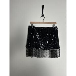 Reformation Black Martina Showgirl Sequin Mini Beaded Fringe Womens Skirt Size 2